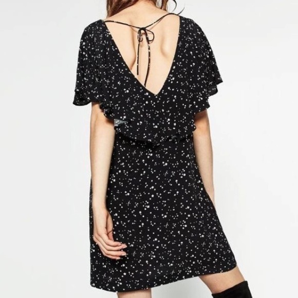 ZARA Basic Black Star Print Open Back Ruffle Dress - Picture 2 of 10
